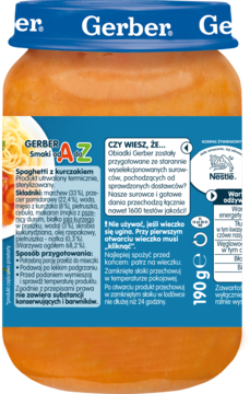 Tył słoiczka Gerber Spaghetti z kurczakiem, 190g, z polską etykietą, widoczne składniki i przygotowanie.