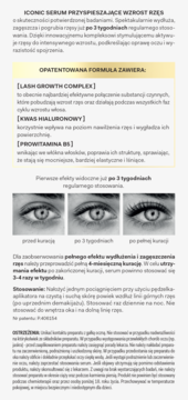 Grafika opisująca Iconic Serum do rzęs z opatentowaną formułą i efektami po 3 tygodniach, pokazana na oczach.