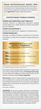 Ulotka informacyjna serum do brwi w białym kolorze, z złotymi akcentami, opisująca wzrost i kondycję.