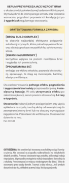 Szczegółowy opis serum do brwi z BROW BUILD COMPLEX, kwasem hialuronowym i prowitaminą B5 na białej ulotce.