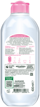 Tył butelki Garnier Płyn Micelarny 3w1 do skóry wrażliwej, z różową nakrętką, etykieta z opisem i składem, wegańska formuła.