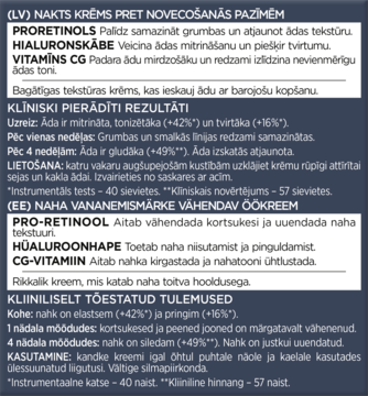 L'Oréal Revitalift Laser krem na noc, zbliżenie etykiety z opisem składników aktywnych: pro-retinol, kwas hialuronowy, witamina Cg.