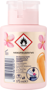 Tył różowego zmywacza do paznokci Rossmann bez acetonu z pompką, 175 ml, ostrzeżenie o łatwopalności.