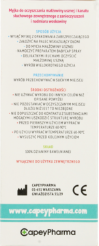 Tylne opakowanie myjki do uszu CapeyPharma. Białe pudełko z instrukcjami użycia i ostrzeżeniami.