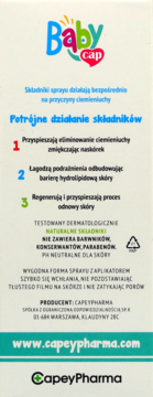 BabyCap spray na ciemieniuchę, etykieta z przodu. Opisuje potrójne działanie: eliminuje, łagodzi, regeneruje. Naturalne składniki, bez parabenów.