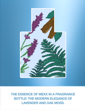 Mexx fragrance bottle, irregular shape, with lavender, green fern, and wood, hinting at oak moss notes.