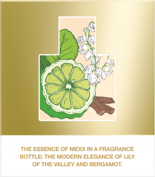 Mexx Woman EDT: elegancka grafika nut zapachowych bergamotki i konwalii z liśćmi na złotym tle.