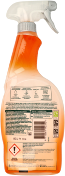 Tył butelki Cif spray Przeciw Tłuszczowi z olejkami pomarańczy i mandarynki, usuwa 100% tłuszczu, daje połysk.