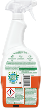 Tył białej butelki Cif Power & Shine do kuchni z pomarańczową etykietą, widoczne informacje o składzie i kod QR.