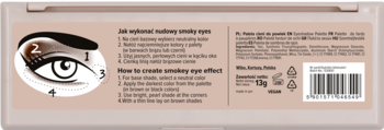 Tył beżowej paletki cieni do powiek z instrukcją makijażu smoky eye, składem i kodem kreskowym.