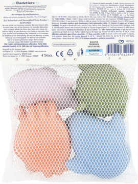 Tył opakowania Babydream zwierzątka do kąpieli, 4 pastelowe, miękkie zabawki-zwierzątka w białej siatce.
