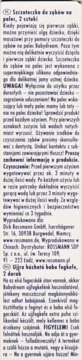 Tekstowa etykieta szczoteczki Babydream na palec. Opis produktu z instrukcją użycia i ostrzeżeniami.