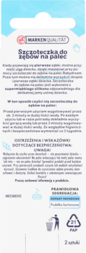 Tył opakowania silikonowej szczoteczki do zębów na palec (2 szt.), instrukcje, ostrzeżenia. Białe z niebieskimi akcentami.