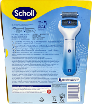 Tył opakowania elektrycznego pilnika Scholl Expert Care, z niebieskim urządzeniem i jego dwoma głowicami.