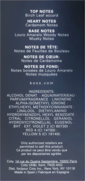 Tył opakowania perfum Boss Bottled Night z listą nut zapachowych i składników, w szarych odcieniach.