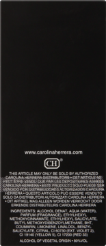 Tył czarnego opakowania perfum Carolina Herrera 212 VIP Man z białym tekstem i listą składników.