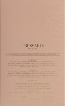 Tył różowego opakowania perfum Trussardi Delicate Rose EDT z listą składników i detalami produktu.