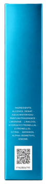 Niebieskie opakowanie Davidoff Cool Water, widok z boku ze szczegółową listą składników perfum i kodem QR.