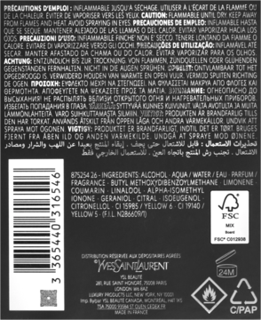 Tył opakowania perfum Yves Saint Laurent L'Homme z ostrzeżeniami, pełną listą składników i kodem kreskowym.