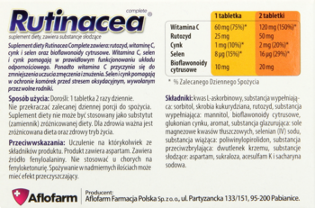 Tył opakowania suplementu Rutinacea Complete, biała etykieta z tabelą składników i tekstem o dawkowaniu.