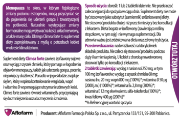 Biało-fioletowe opakowanie suplementu diety Climea Forte, widok z przodu, łagodzenie objawów menopauzy.