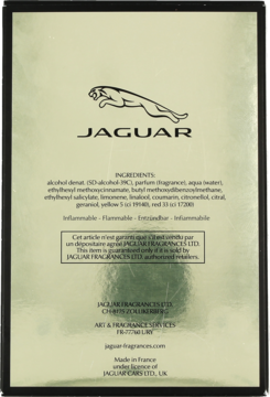 Tył złotego opakowania wody toaletowej Jaguar Classic Gold, z logo jaguara, listą składników i danymi firmy.