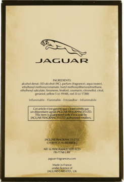 Tył złotego opakowania wody toaletowej Jaguar Classic Gold dla mężczyzn, z logo, składnikami i producentem.