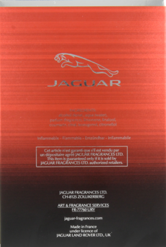 Tył czerwono-czarnego opakowania wody toaletowej Jaguar Classic Red, srebrne logo, info producenta.