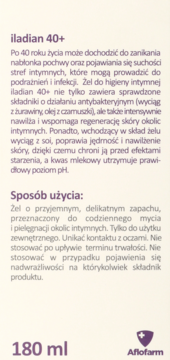 Opakowanie żelu Iladian 40+ do higieny intymnej, 180 ml, widok z przodu, tekst na beżowym tle.
