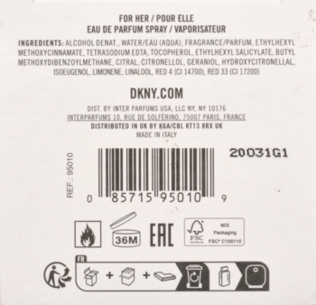 Tył opakowania perfum DKNY Be Delicious z kodem kreskowym, składem i instrukcjami recyklingu.