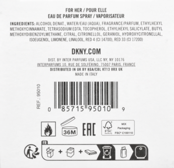 Tył białego opakowania DKNY Be Delicious Fresh Blossom perfumy damskie, z listą składników i kodem.