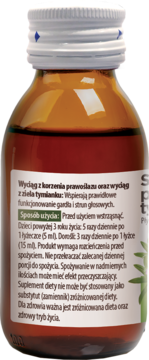 Brązowa butelka syropu prawoślazowo-tymiankowego 100 ml, widok z tyłu z instrukcją użycia na etykiecie.