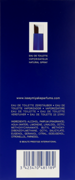 Tył niebieskiego opakowania Issey Miyake L'eau Bleue D'issey woda toaletowa z listą składników i kodem EAN.