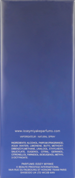 Tył ciemnoniebieskiego pudełka perfum Issey Miyake L'Eau Bleue d'Issey, widoczny skład i dane producenta.
