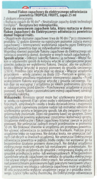 Tył opakowania Domol Flakon Tropical Fruits, zapas 25 ml do elektrycznego odświeżacza powietrza z opisem.