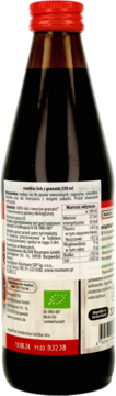 enerbio sok z granatu 330 ml, ciemna szklana butelka z czerwoną zakrętką, tył z etykietą i certyfikatem EU Bio.