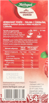 Tył opakowania herbaty Herbapol Malina z Żurawiną z tabelą wartości odżywczych i składników.