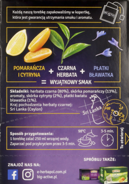 Tył opakowania herbaty czarnej Big-Active. Pomarańcza, cytryna i bławatek. Widoczne składniki i mapa Sri Lanki.