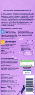 Tył fioletowego opakowania Winston Smakołyki, niskokaloryczne przysmaki dla kota, 8x120g, łosoś i kurczak. Bez cukru.