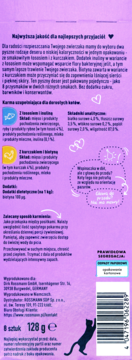 Fioletowy tył kartonu Winston Smakołyki dla kota 128g. Widoczne składniki: kurczak, łosoś, barcode i czarny kot.