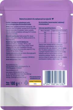 Tył fioletowego opakowania karmy Winston Delikatne danie dla kota, z tabelą żywienia i składem produktu.