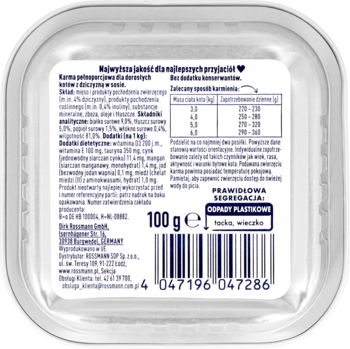 Tył srebrnego, kwadratowego opakowania karmy dla kotów Menu z dziczyzną 100g, z polską etykietą i składem.