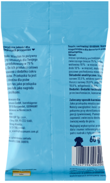 Tył jasnoniebieskiego opakowania przysmaku dla psa Winston 60g z wołowiną i drobiem. Widoczny kod kreskowy.