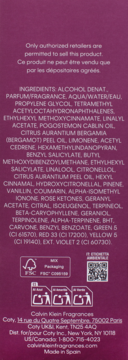 Tył fioletowego opakowania perfum Calvin Klein Euphoria z listą składników, kodem QR i danymi producenta.