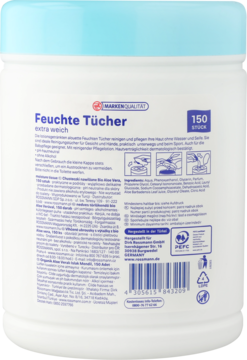 Tył białego opakowania chusteczek nawilżanych 150 szt. z aloesem i niebieską pokrywką, widoczne niemieckie etykiety.