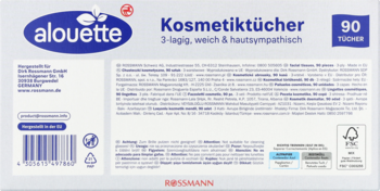 Tył opakowania Alouette chusteczek kosmetycznych 90 sztuk, białe, z niebieskim logo, 3-warstwowe, miękkie, bezchlorowo bielone.