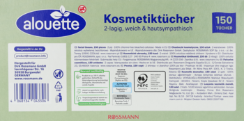 Tył jasnozielonego opakowania chusteczek kosmetycznych alouette 150 szt., 3-warstwowych, wybielanych bezchlorowo.