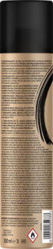 Tył lakieru do włosów Syoss Keratin 300ml, mocne utrwalenie, beżowa puszka z drobnym tekstem i symbolami.