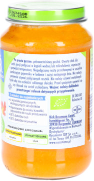 Tył szklanego słoiczka Babydream, danie warzywne z indykiem dla niemowląt od 8. m-ca, bez soli.
