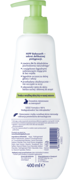 Tył butelki HiPP Babysanft 400ml z zieloną pompką. Opis delikatnej pielęgnacji dla skóry wrażliwej, atopowej.